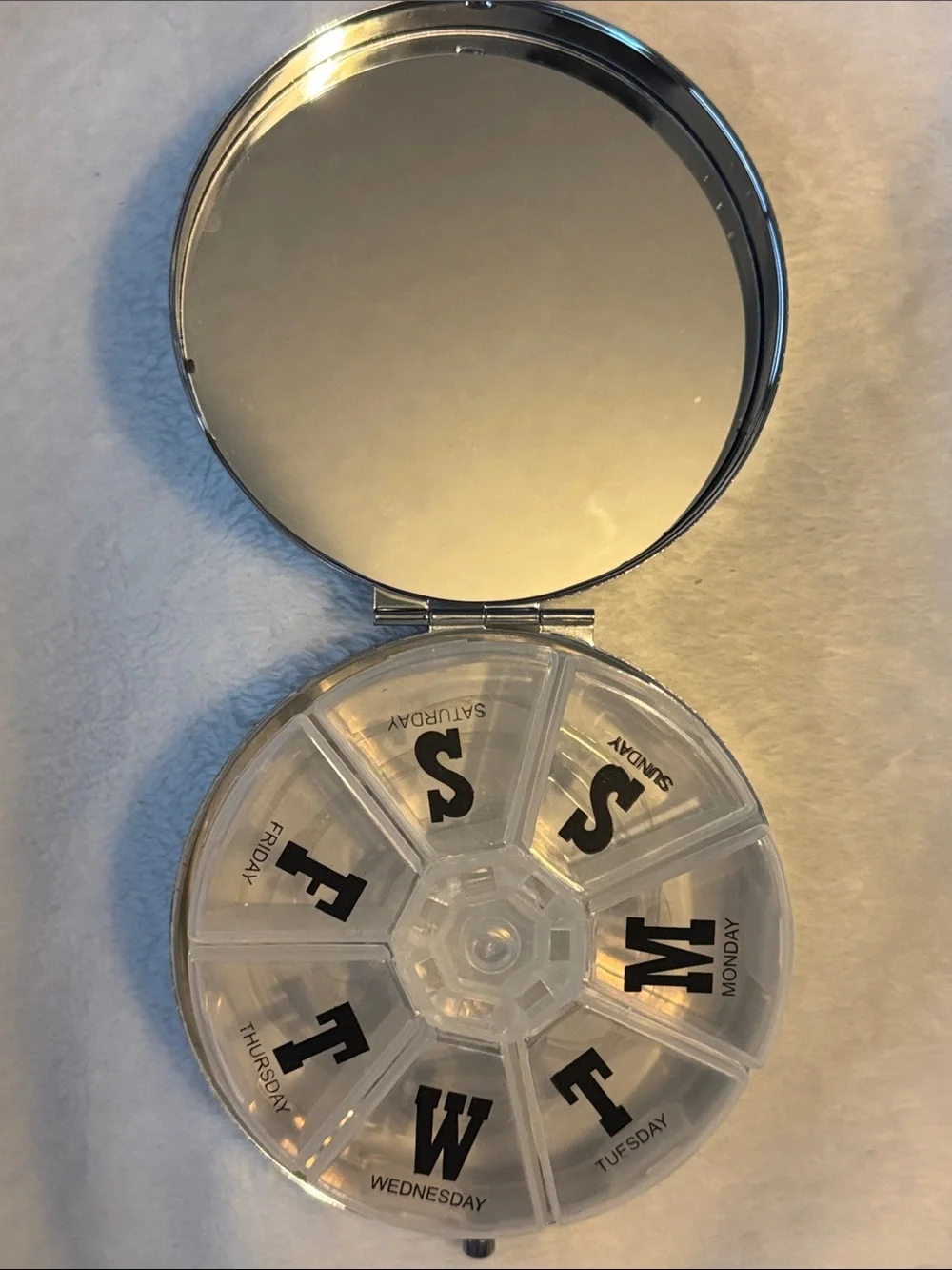 Vintage-Style Yellow & Orange Compact Mirror & Pill Organizer— Humorous Quote